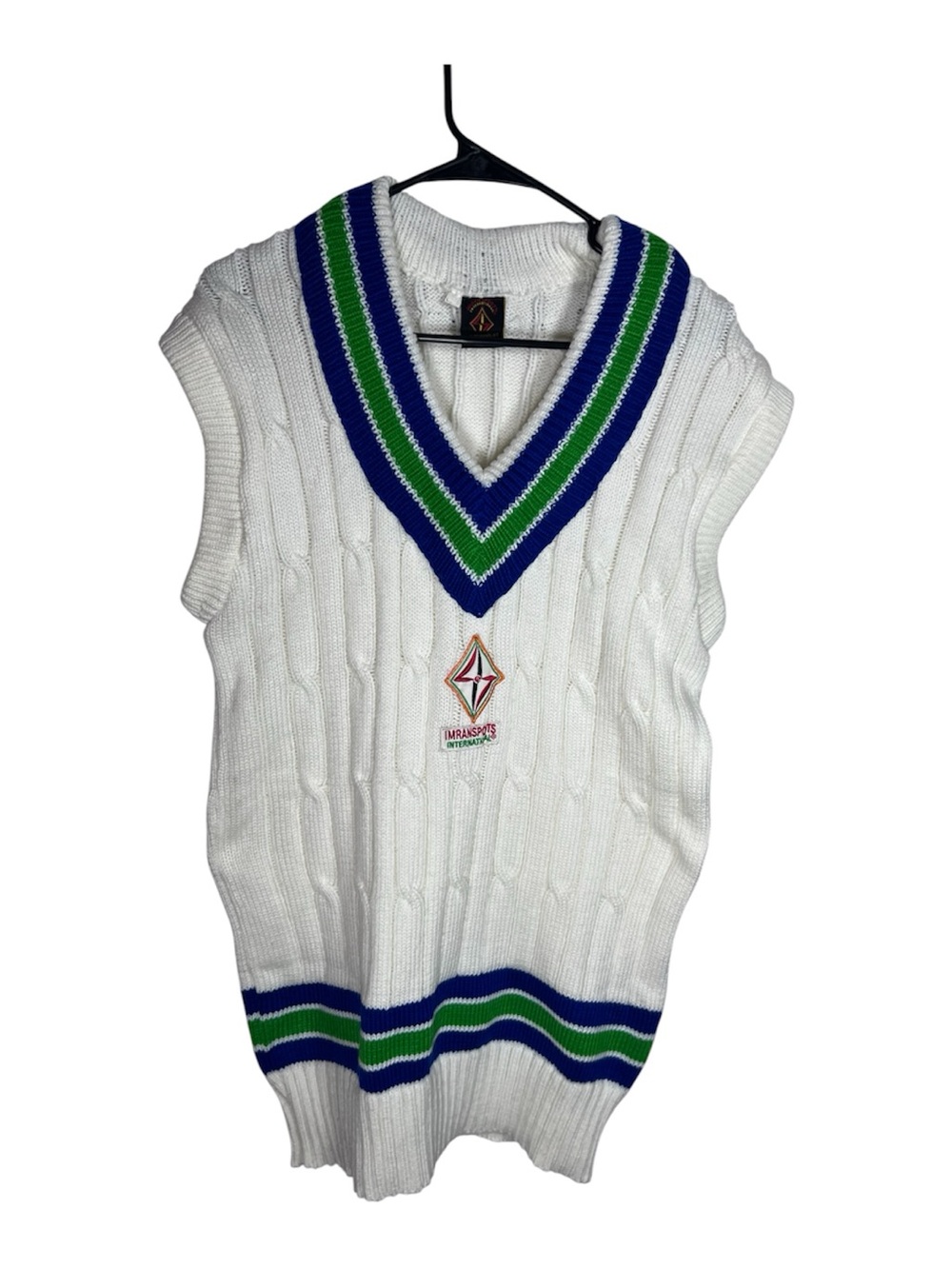 Imran Sports International Cricket Sweater Vest White Blue Green Cable Knit XLT